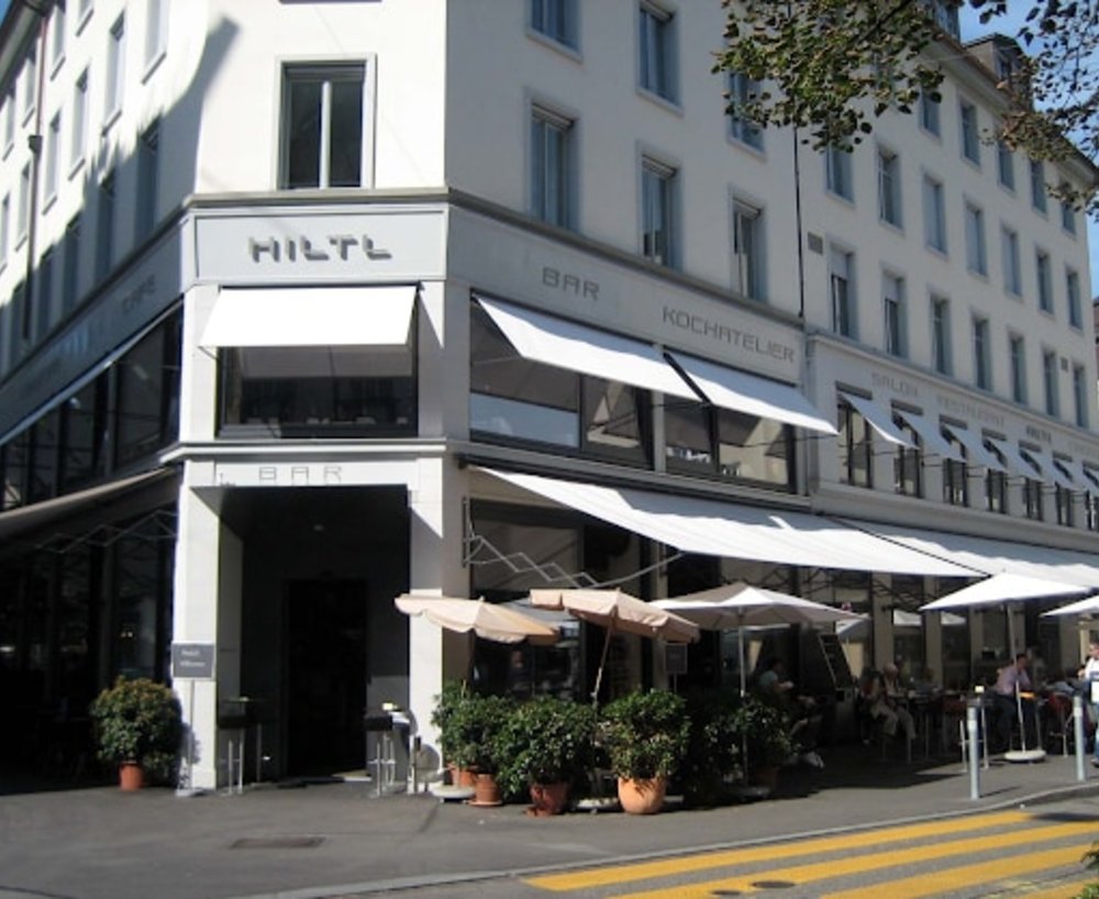 The outside facade of the Hiltl Restaurant Zurich.
