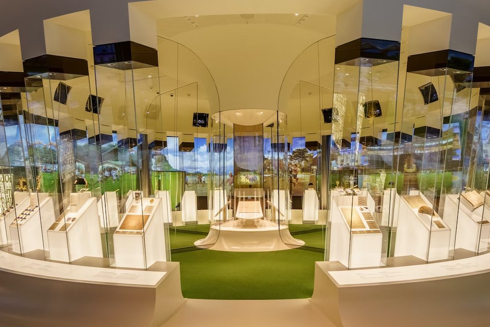 Modern interior of the FIFA Museum in Zurich with football exhibits on display