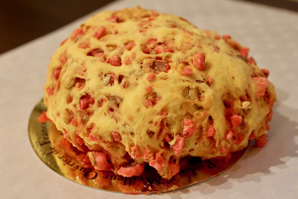 Close-up of pink praline brioche, a famous dessert from Lyon, France