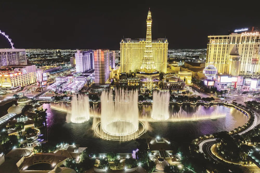 Bellagio Hotel fountains performing at night on the Las Vegas Strip