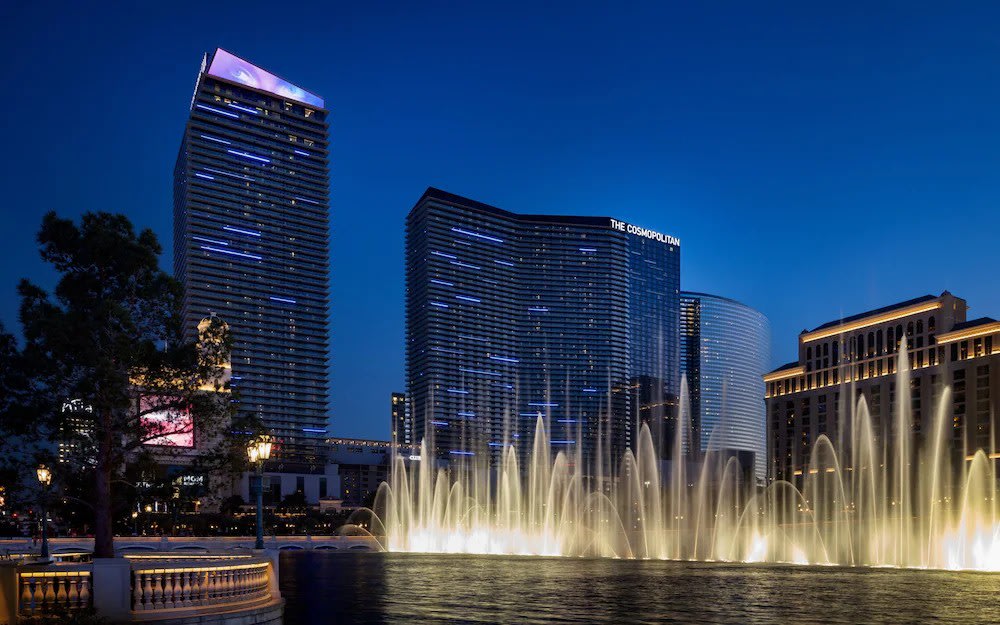 The Cosmopolitan Las Vegas towers overlooking the Bellagio fountains