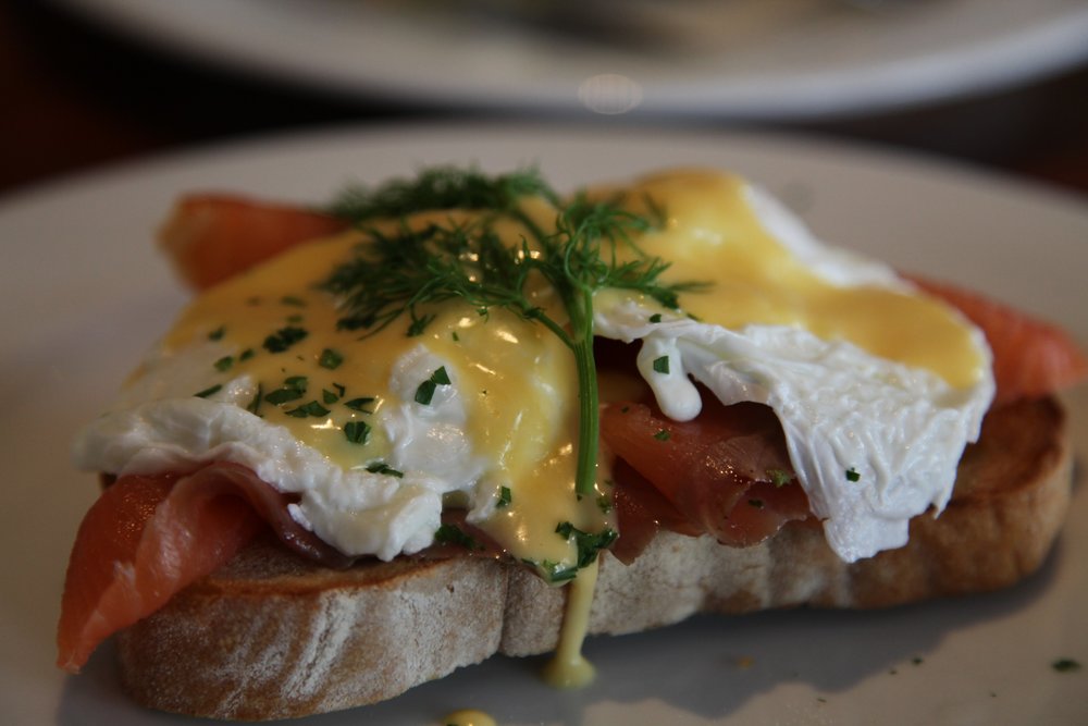 Close-up of an Eggs Benedict with smoked salmon
