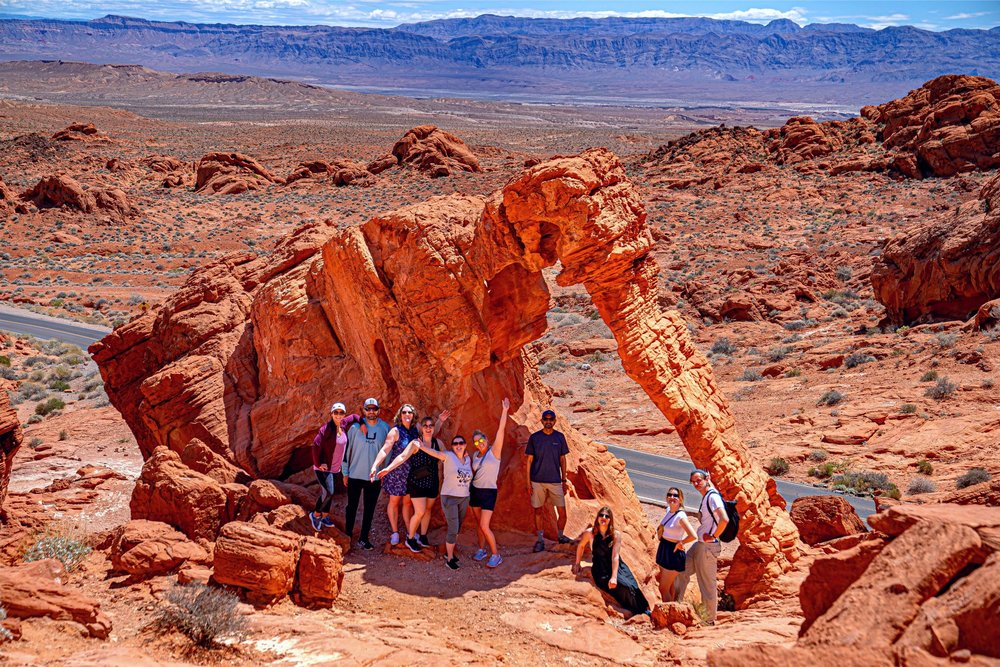 Group hiking at Elephant Rock in Valley of Fire State Park near Las Vegas