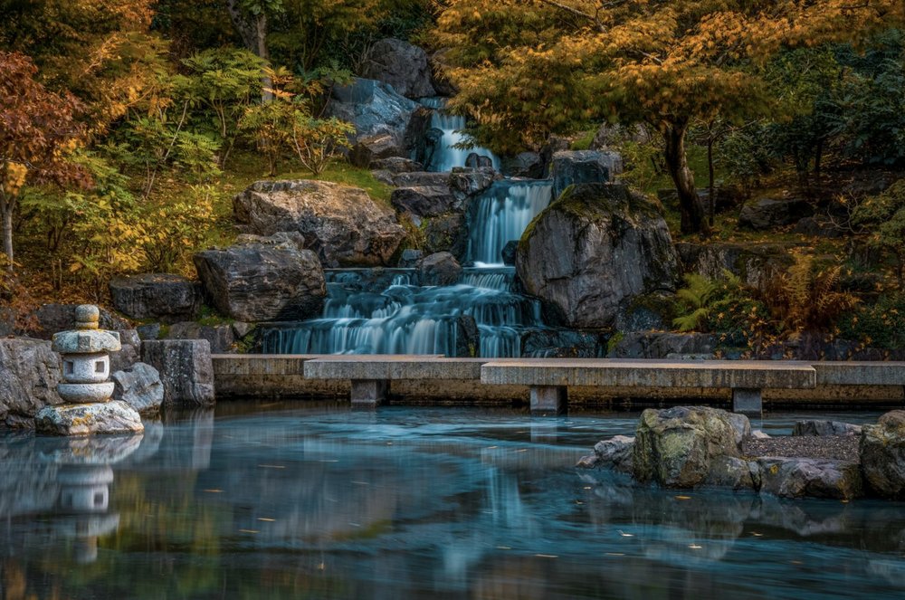 Kyoto Garden in London with waterfall, pond, and autumn trees