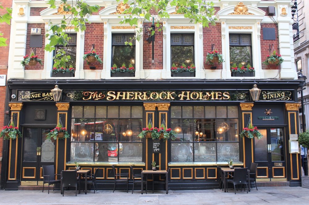 Exterior of the Sherlock Holmes pub in London with traditional design
