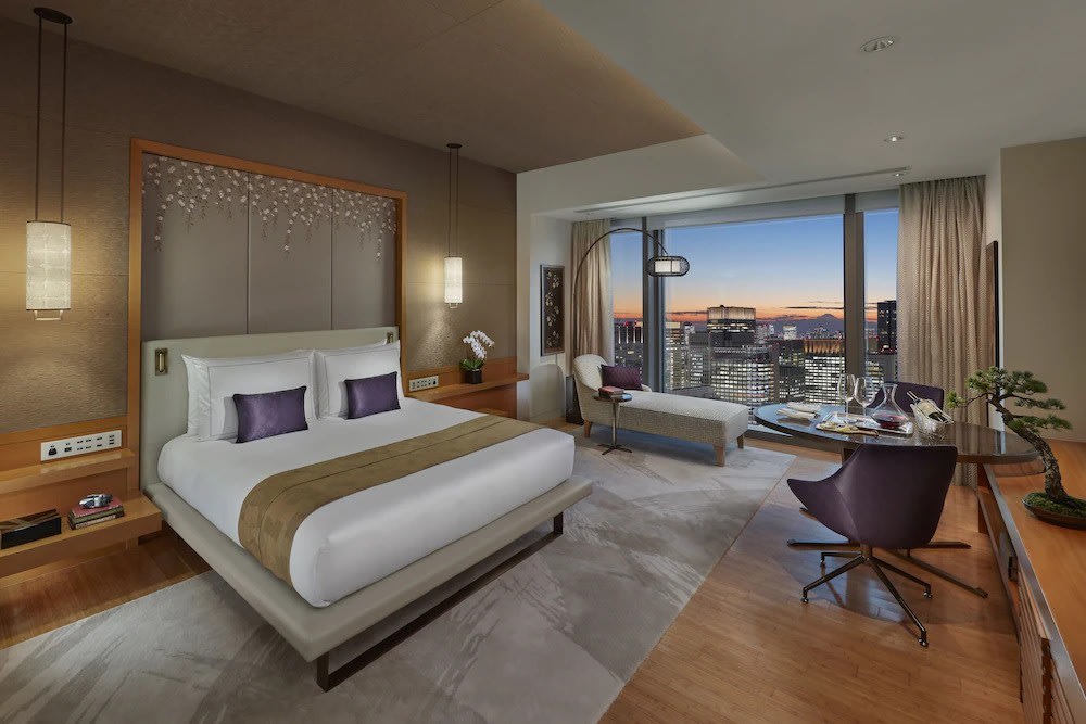 Luxury bedroom at Mandarin Oriental Tokyo with city skyline view