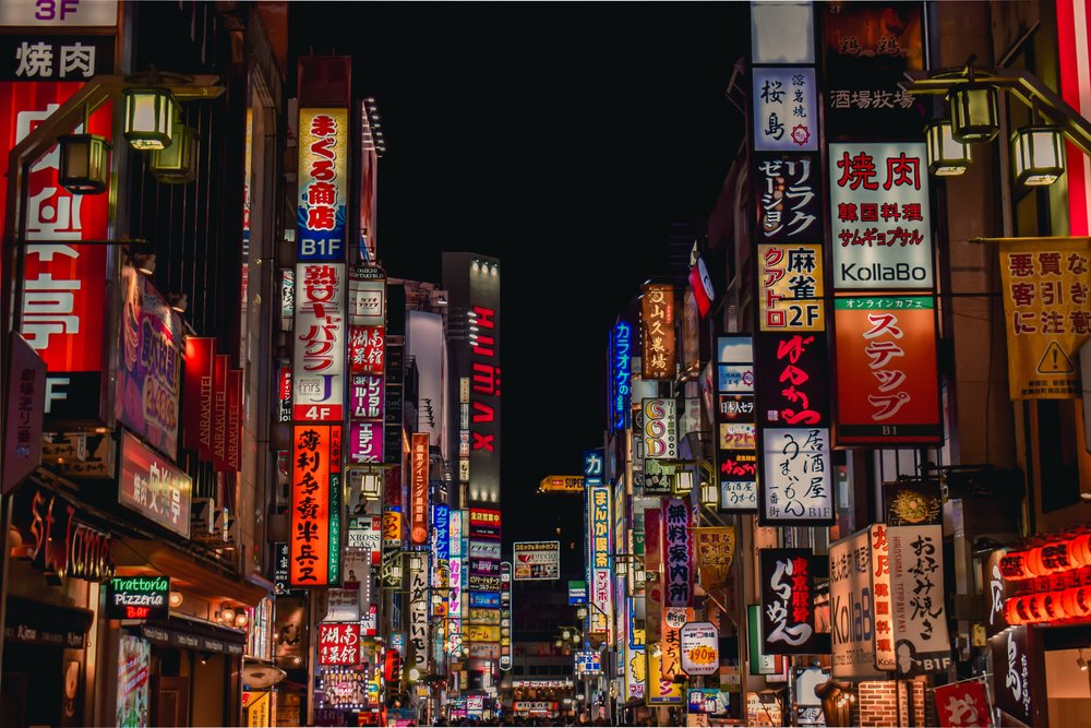 Neon-lit streets and nightlife in Shinjuku, Tokyo