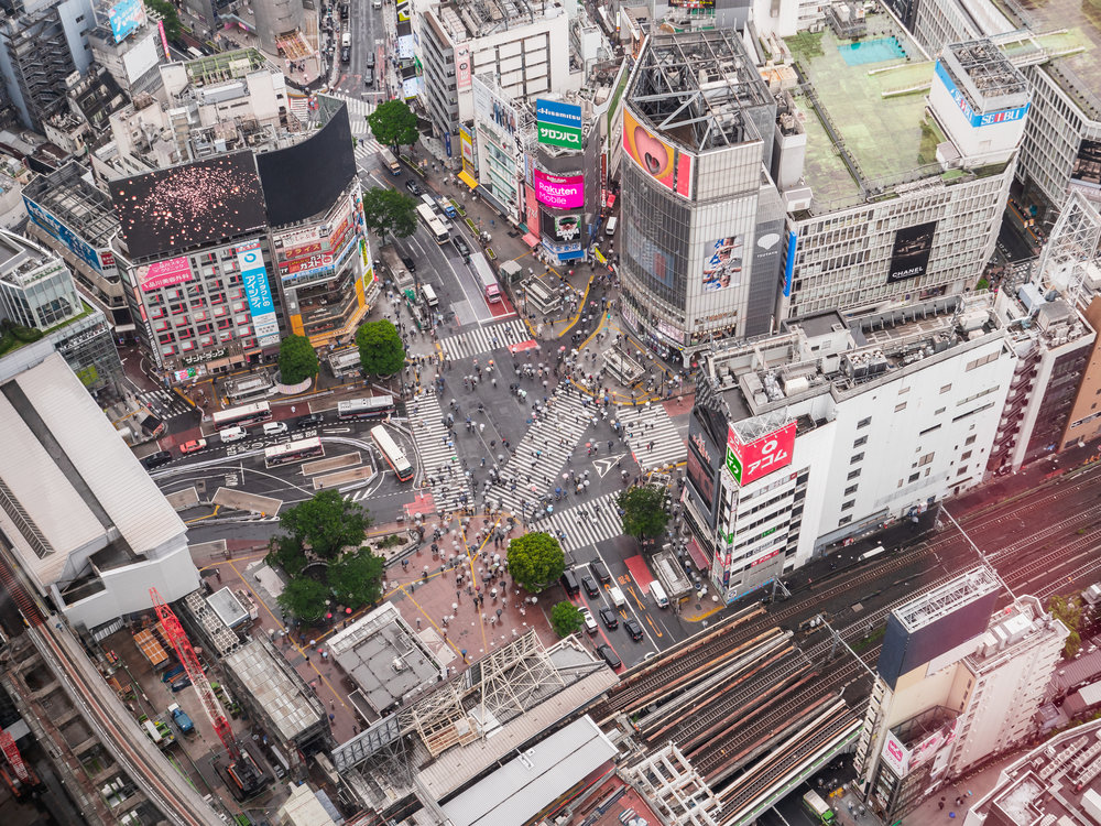 Aerial view of Shibuya Crossing and surrounding buildings