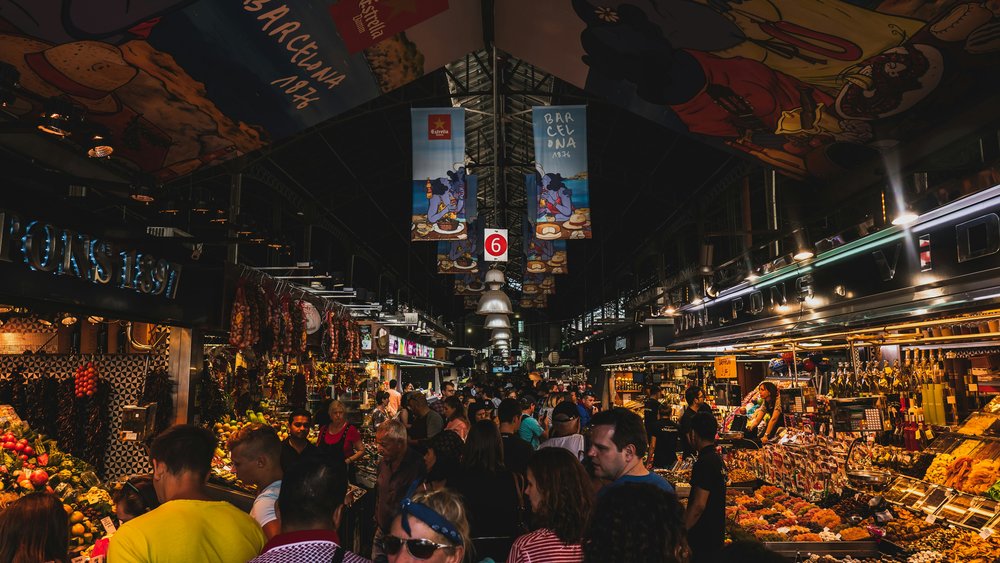 A bustling food market in Barcelona