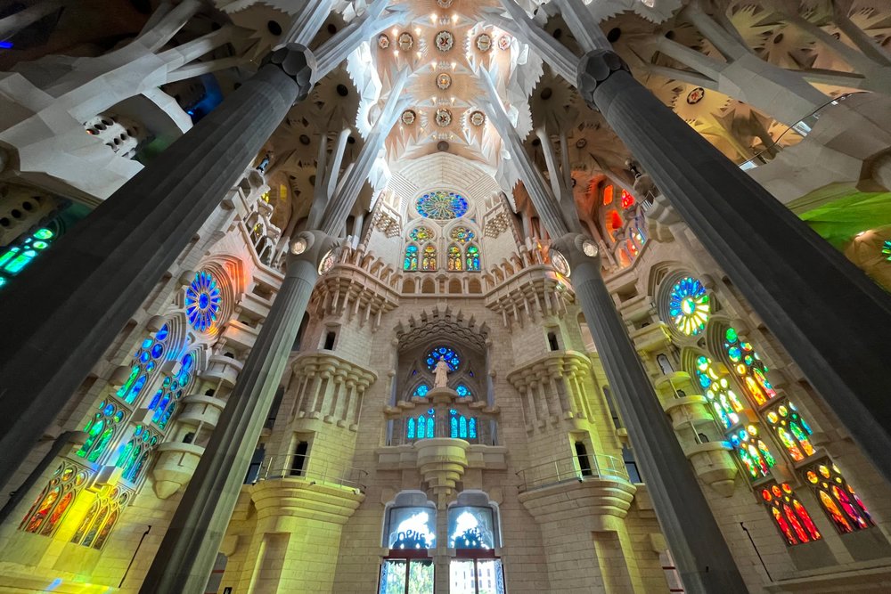 Colorful stained-glass windows inside Sagrada Familia