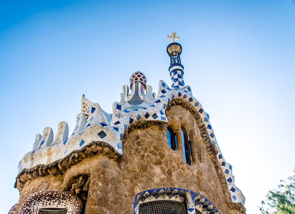Mosaic-covered building in Park Guell