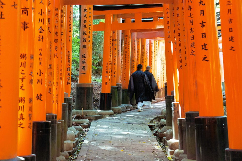 Monks passing through torii gates  | Photo Credit: Jens F on Pexels