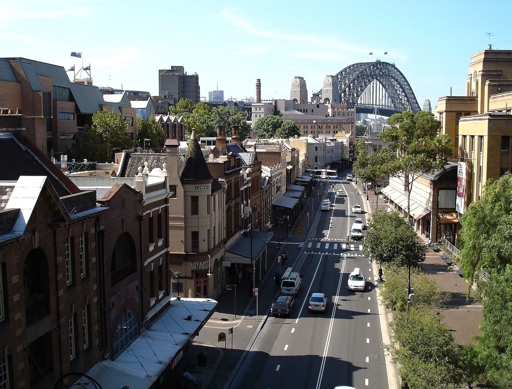 The Rocks historic district with Sydney Harbour Bridge in the background