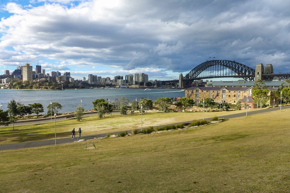 Barangaroo Reserve park with Sydney Harbour Bridge and skyline views