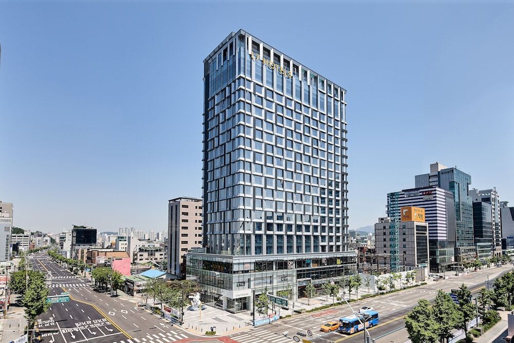 Modern exterior of L7 Hongdae hotel located in Seoul’s Hongdae district