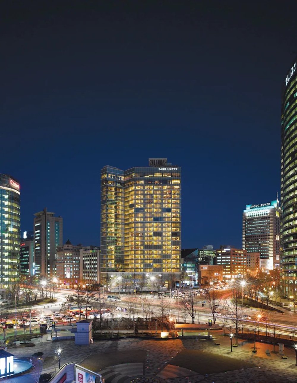 Night view of Park Hyatt Seoul surrounded by city lights in Gangnam district