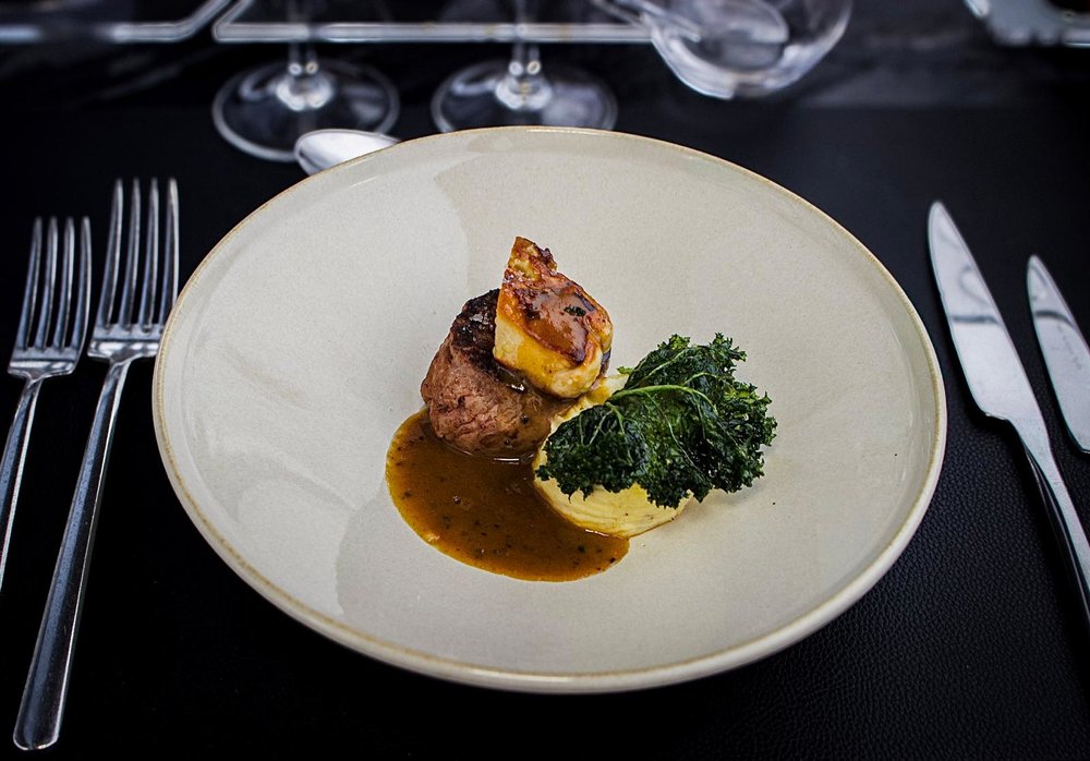 Classic Beef Rossini served at Bustronome Luxury Bus, Paris