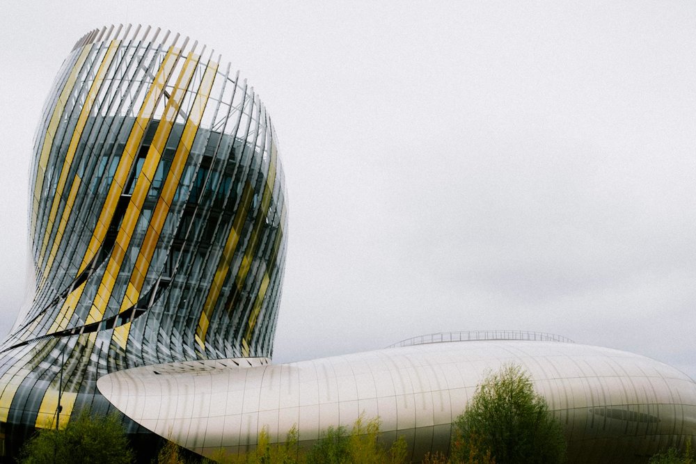 The curved exterior of Cité du Vin in Bordeaux.