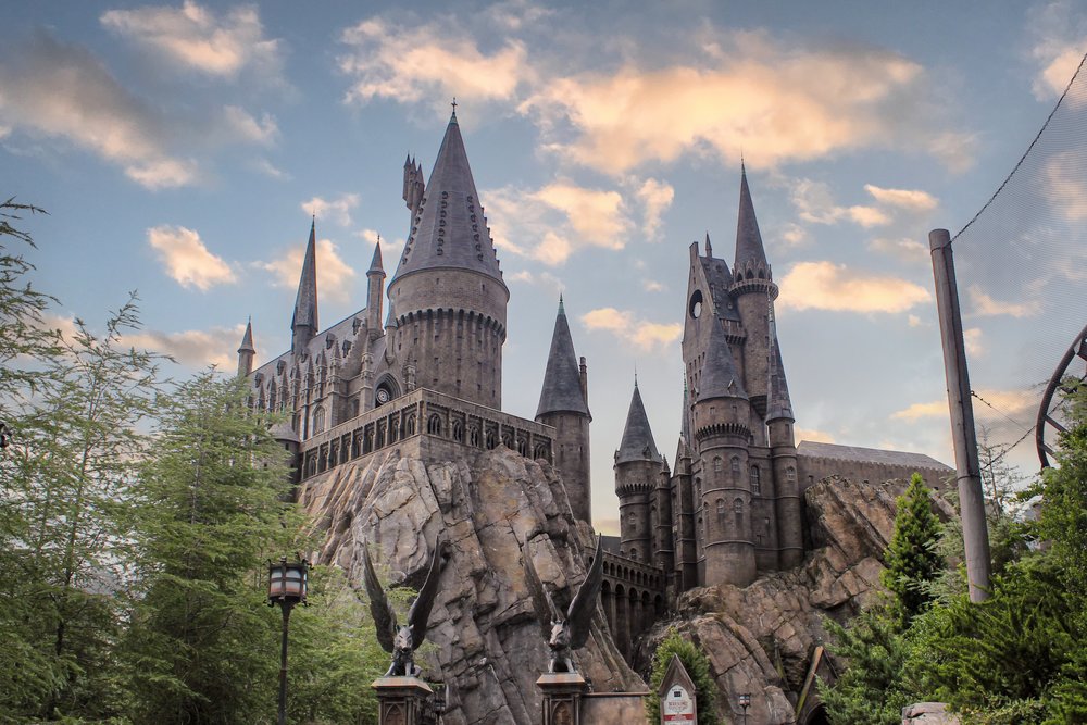 Hogwarts Castle towers over Hogsmeade at Universal Studios Orlando, a must-see attraction for Harry Potter fans