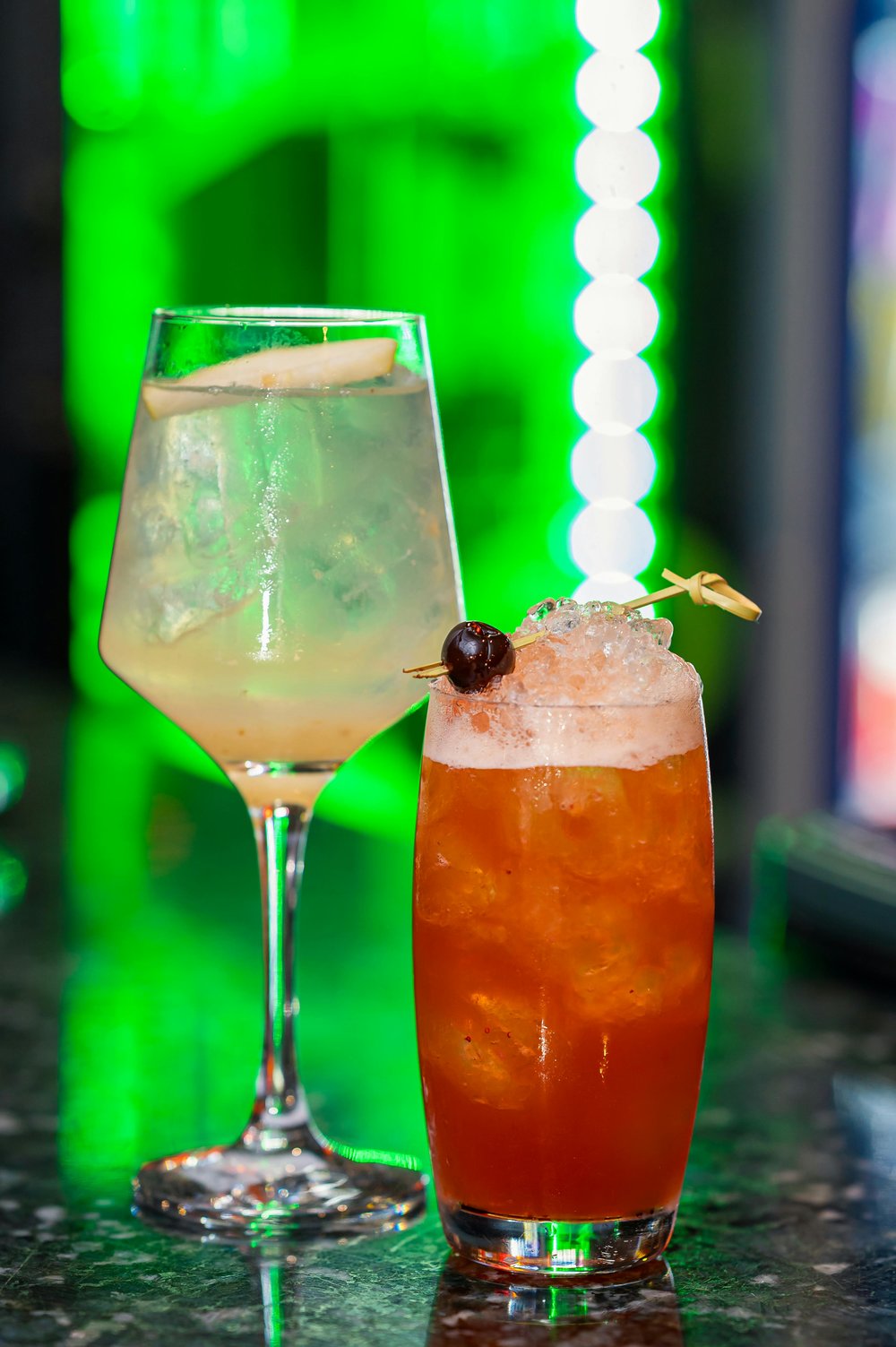 Close-up of creative cocktails at a modern Barcelona cocktail bar