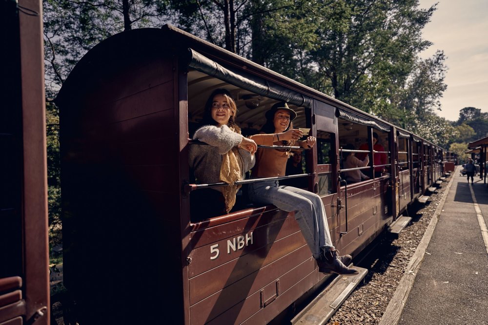 Couple riding the Puffing Billy Railway train
