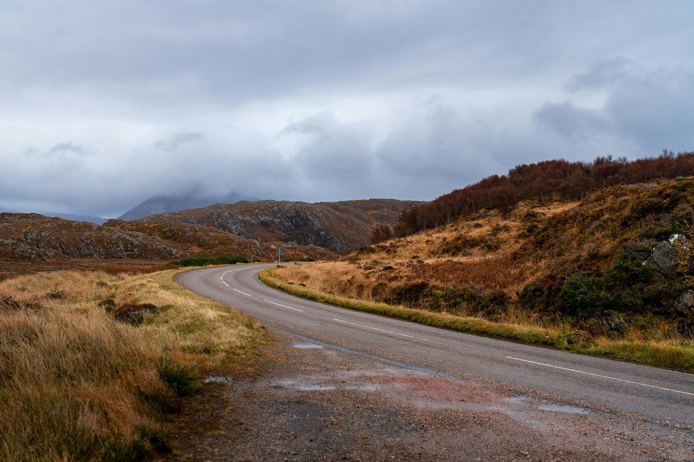 Autumn landscape and empty road in the Scottish Highlands
