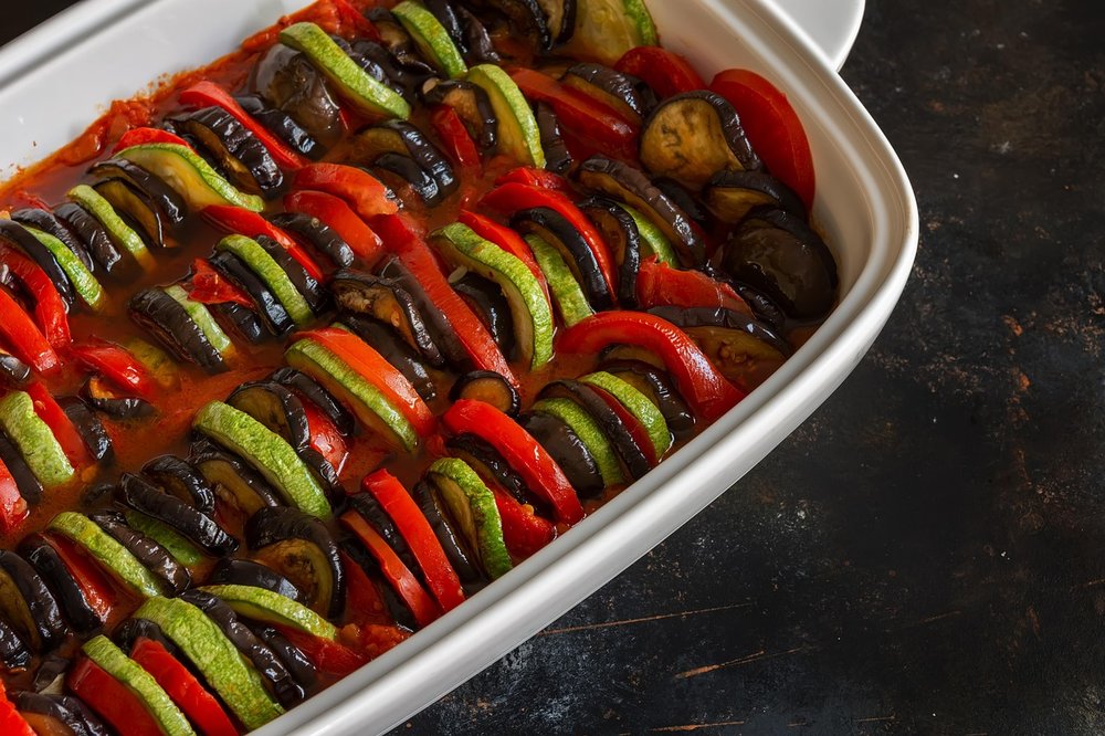 Ratatouille, a healthy and famous French dish made with eggplant, zucchinis & other vegetables.