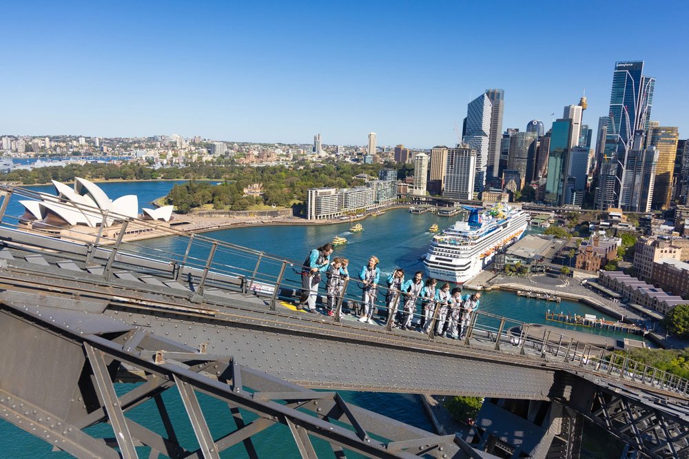 Group walking on Sydney Harbour Bridge with Opera House and skyline below