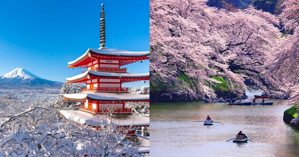 Collage of Moun Fuji in winter and a Japan lake in spring