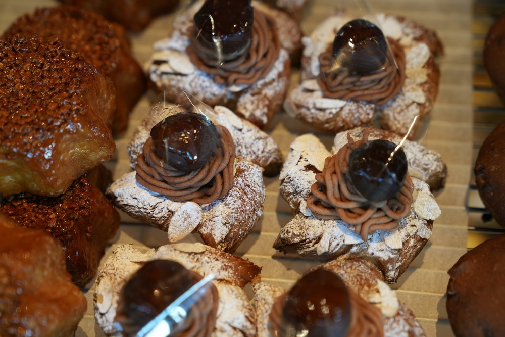 Chestnut mont blancs in Japan, topped with whole chestnuts.