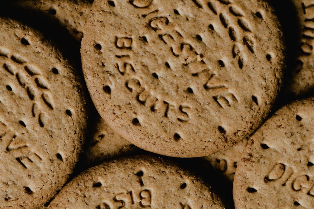 Close-up of digestive biscuits, a traditional British snack