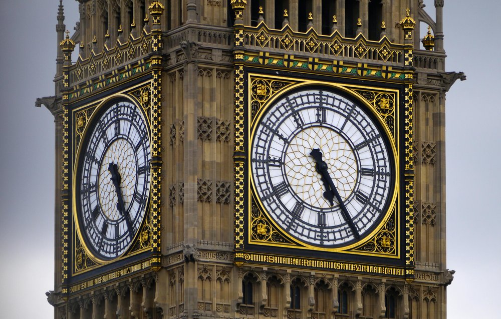 Close-up view of Big Ben clock face with gold details in London