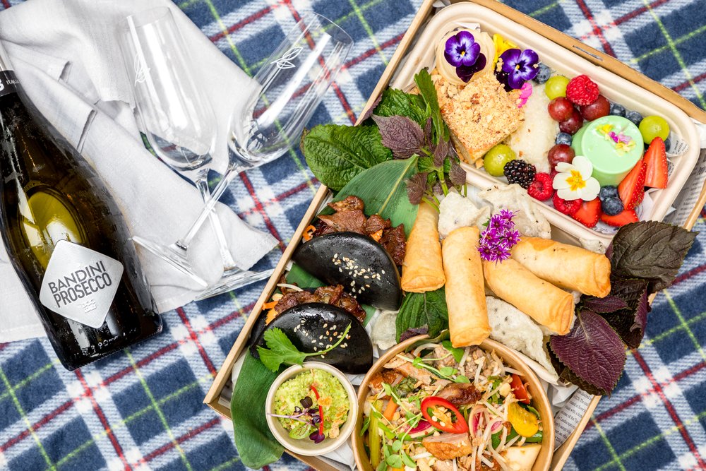 Luxury picnic hamper with wine and snacks at the Royal Botanic Garden Sydney
