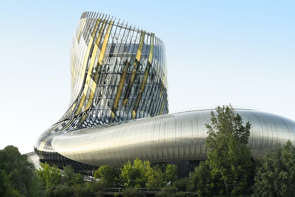 Modern glass exterior of La Cité du Vin in Bordeaux