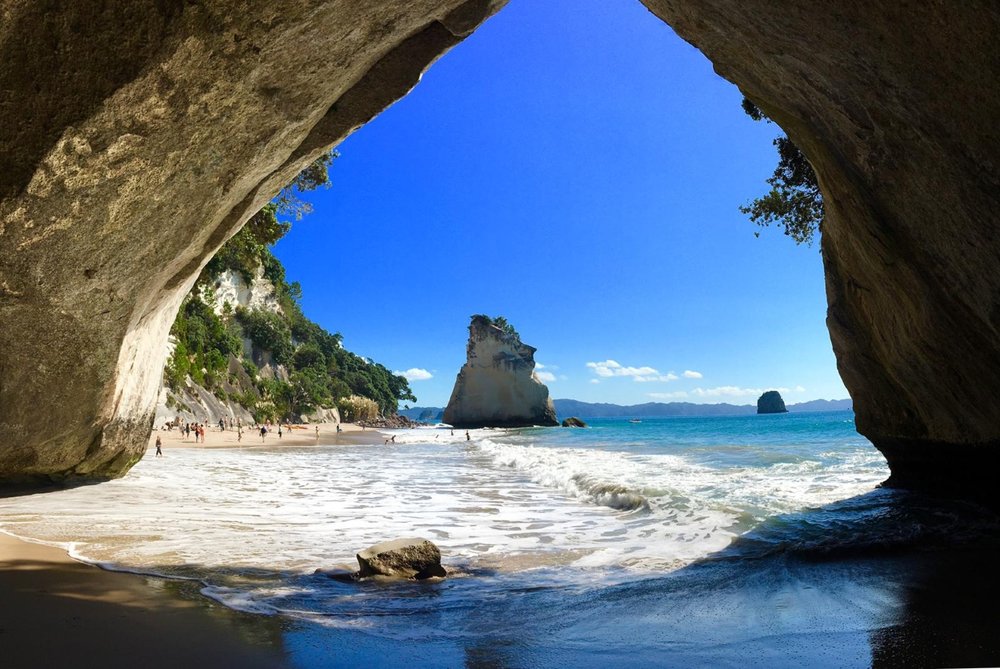View from a cave looking out over Hot Water Beach