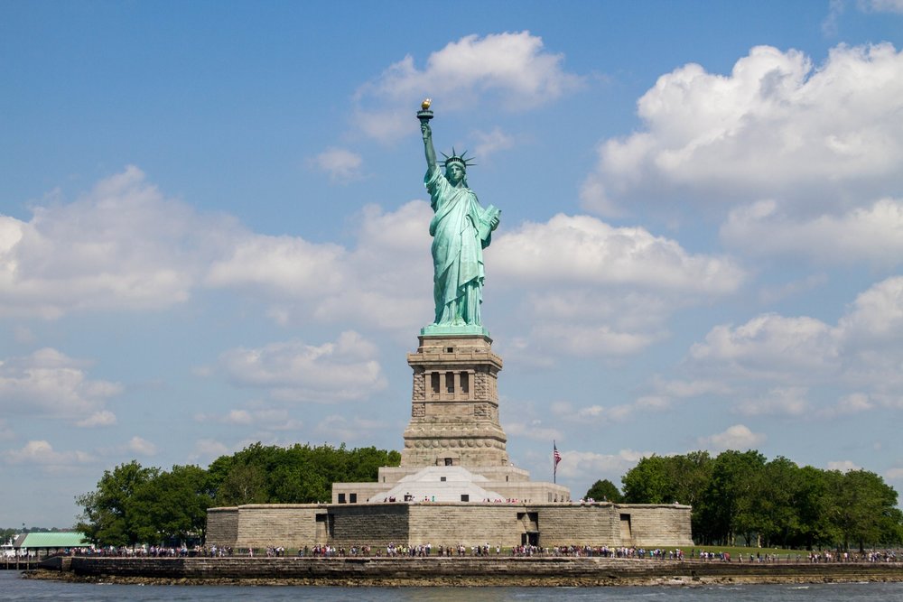Statue of Liberty on Liberty Island viewed from the water in New York Harbor