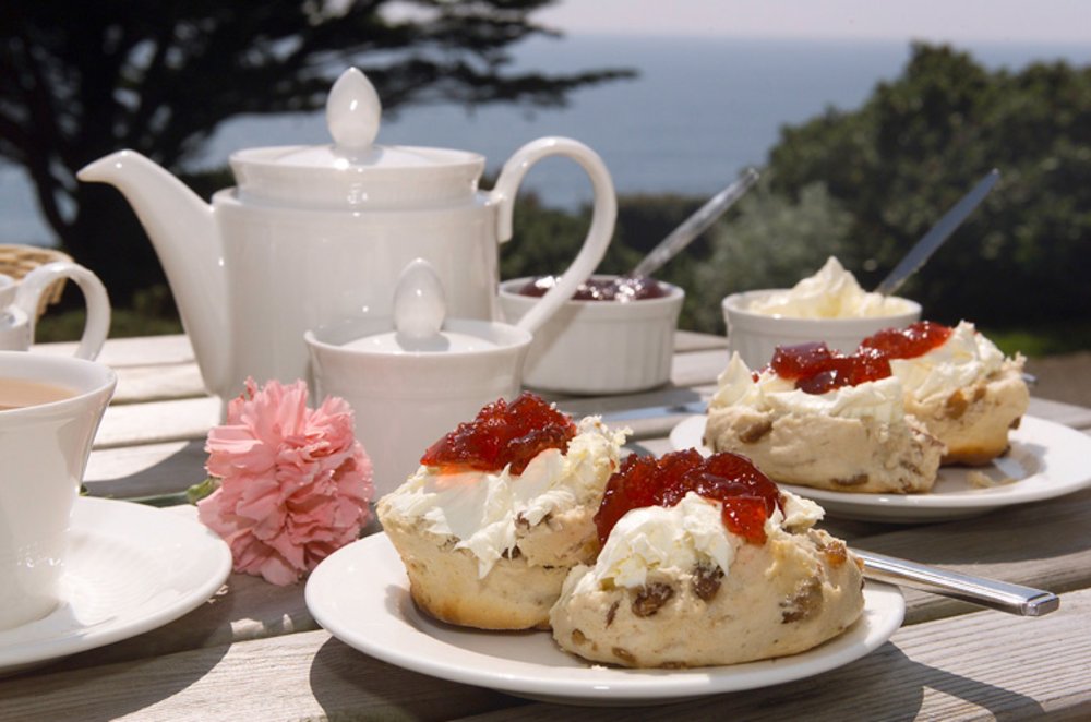 Scones with clotted cream and strawberry jam