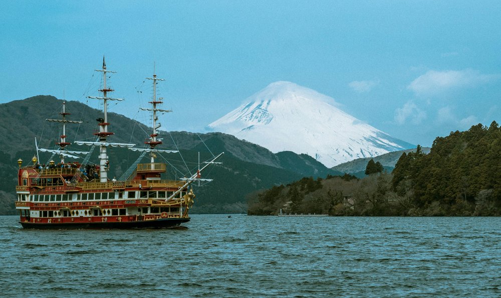 Pirate ship on Lake Ashi with Mt. Fuji in the distance, Hakone, Japan