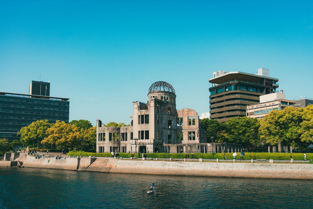 Hiroshima Peace Memorial Dome by the river in Hiroshima, Japan