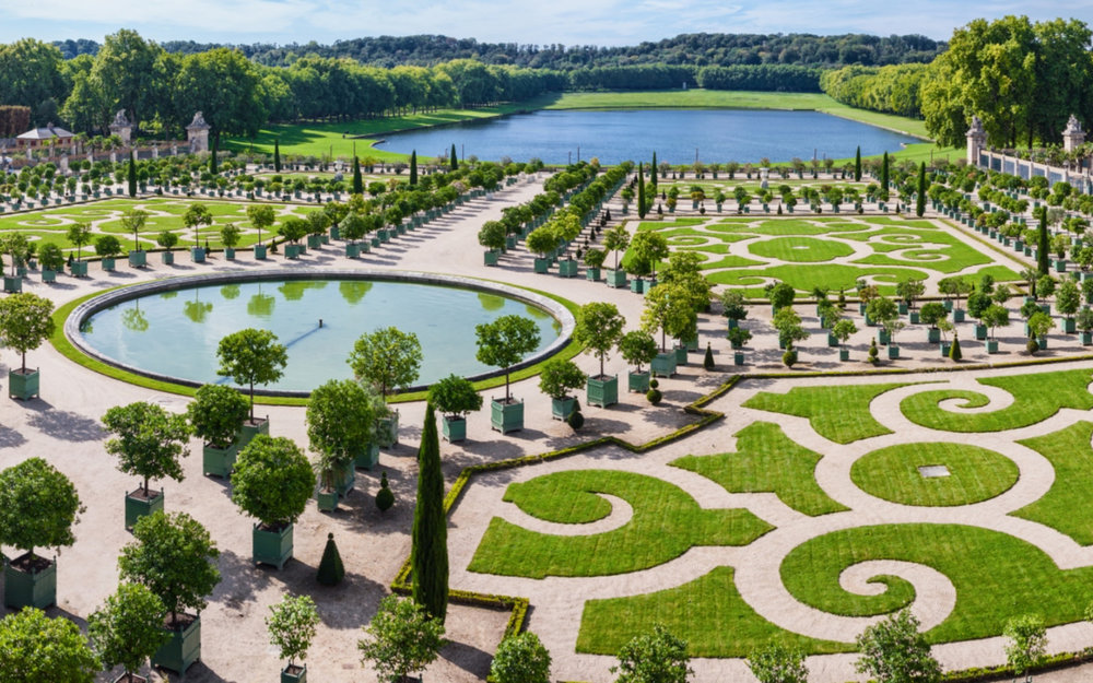 Manicured gardens at the Palace of Versailles near Paris