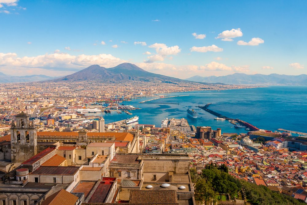 Aerial view of Naples harbor with Mount Vesuvius and the Bay of Naples