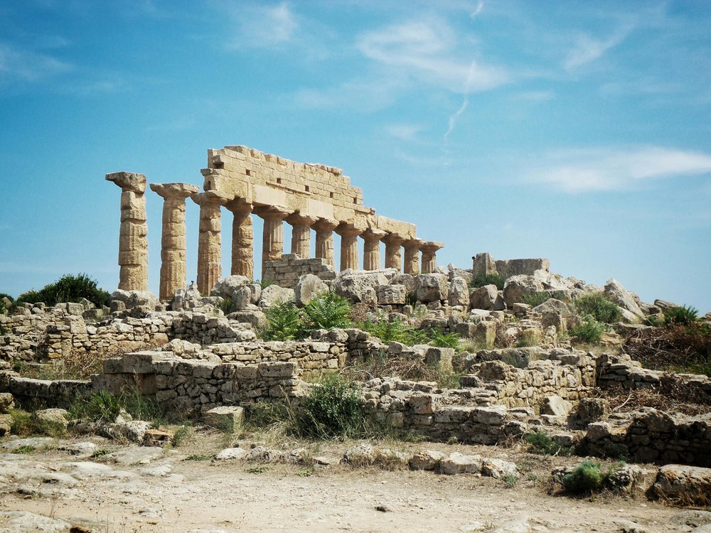Ruins of Greek columns and stone walls in Selinunte, Sicily