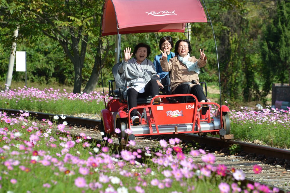  Tourists riding a rail bike through flower-lined tracks at Gangchon Rail Park