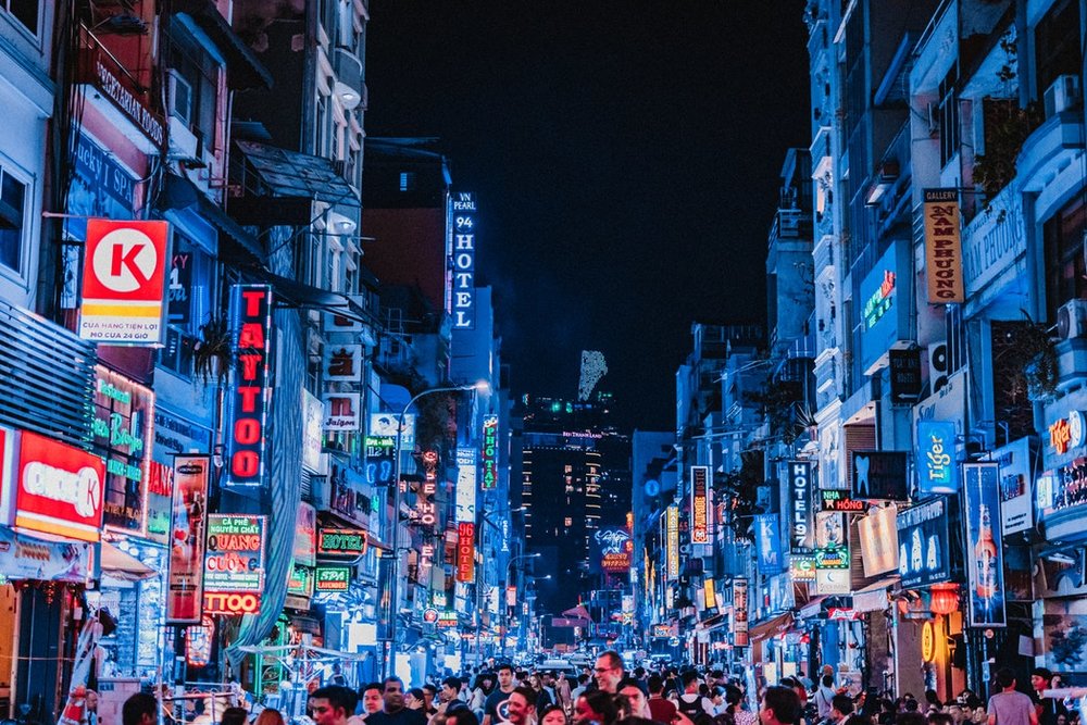 Nighttime view of bustling streets in Ho Chi Minh City, Vietnam