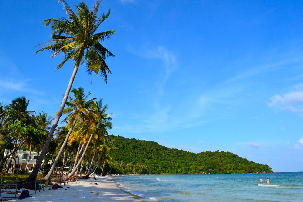 Sao Beach on Phu Quoc Island with clear blue skies and calm waters