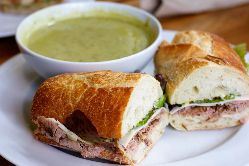 Classic French baguette sandwich with soup
