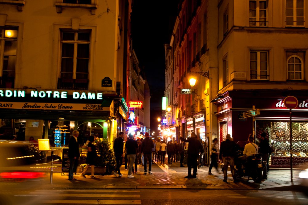 Latin Quarter, Paris, at night with neon lights