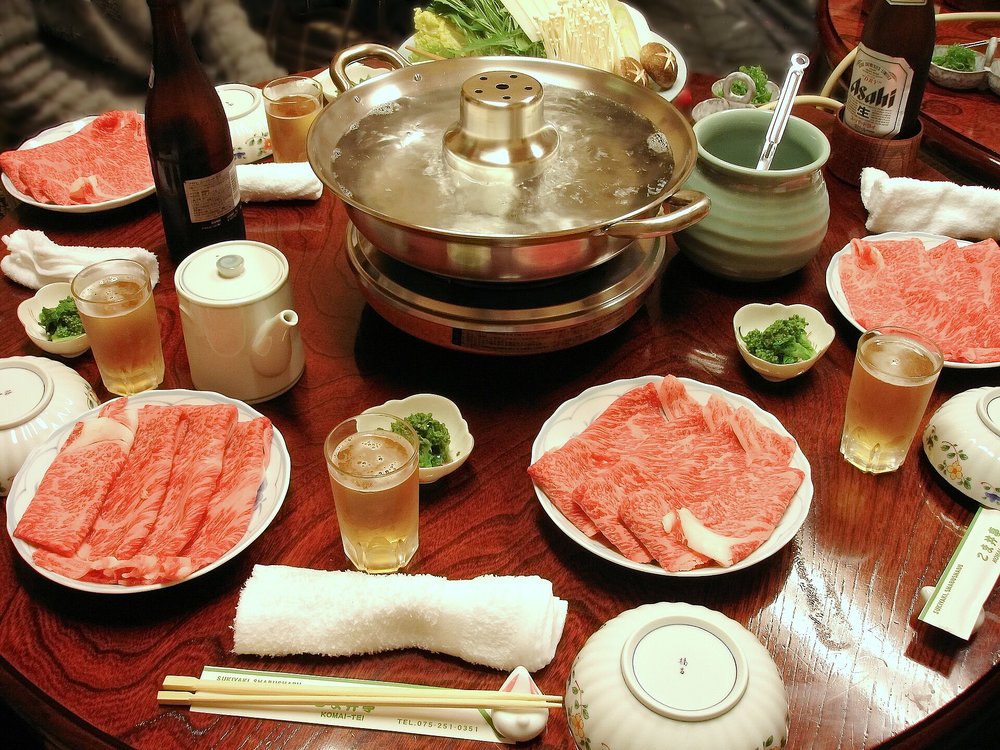 A typical Okinawa shabu-shabu spread, with agu pork| Photo from jimg944 on Wikimedia