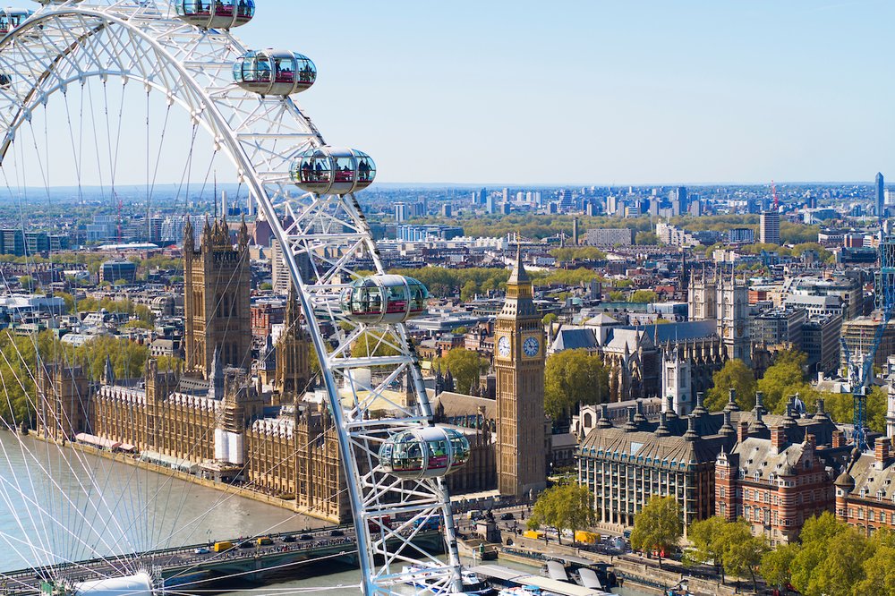 London Eye daytime view with Big Ben and Houses of Parliament in London