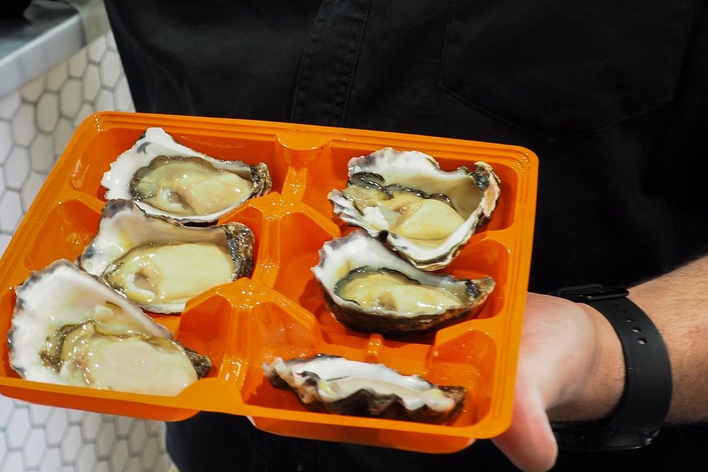 Close-up of freshly shucked Sydney rock oysters in orange tray